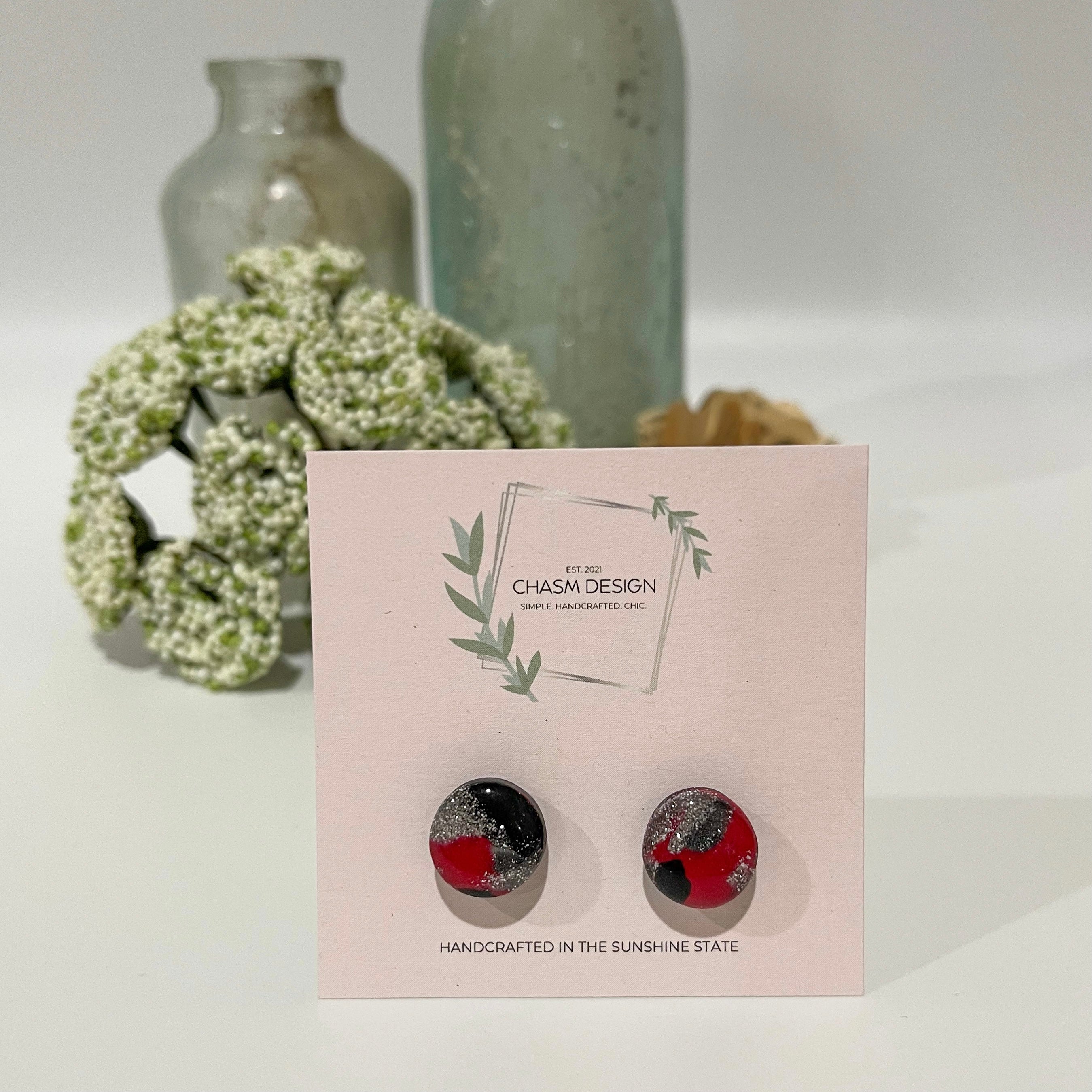 Red and Black Marble - Mini Circle Studs