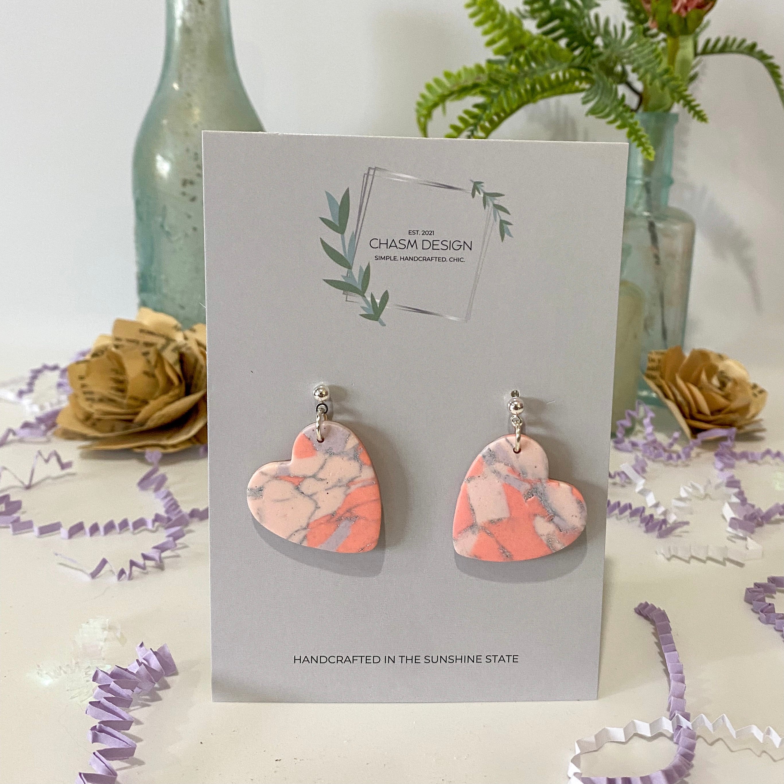 Pink and Purple Marble - Medium Heart Dangles